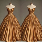 Retro Ball Gown Sweetheart Satin Gold Party Dress Prom Dresses Evening Dress