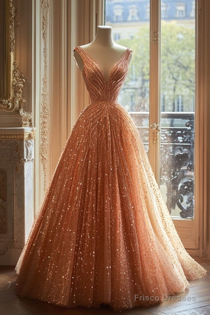 Retro Ball Gown V Neckline Sequin Party Dress Long Prom Dress Evening Dresses Main image