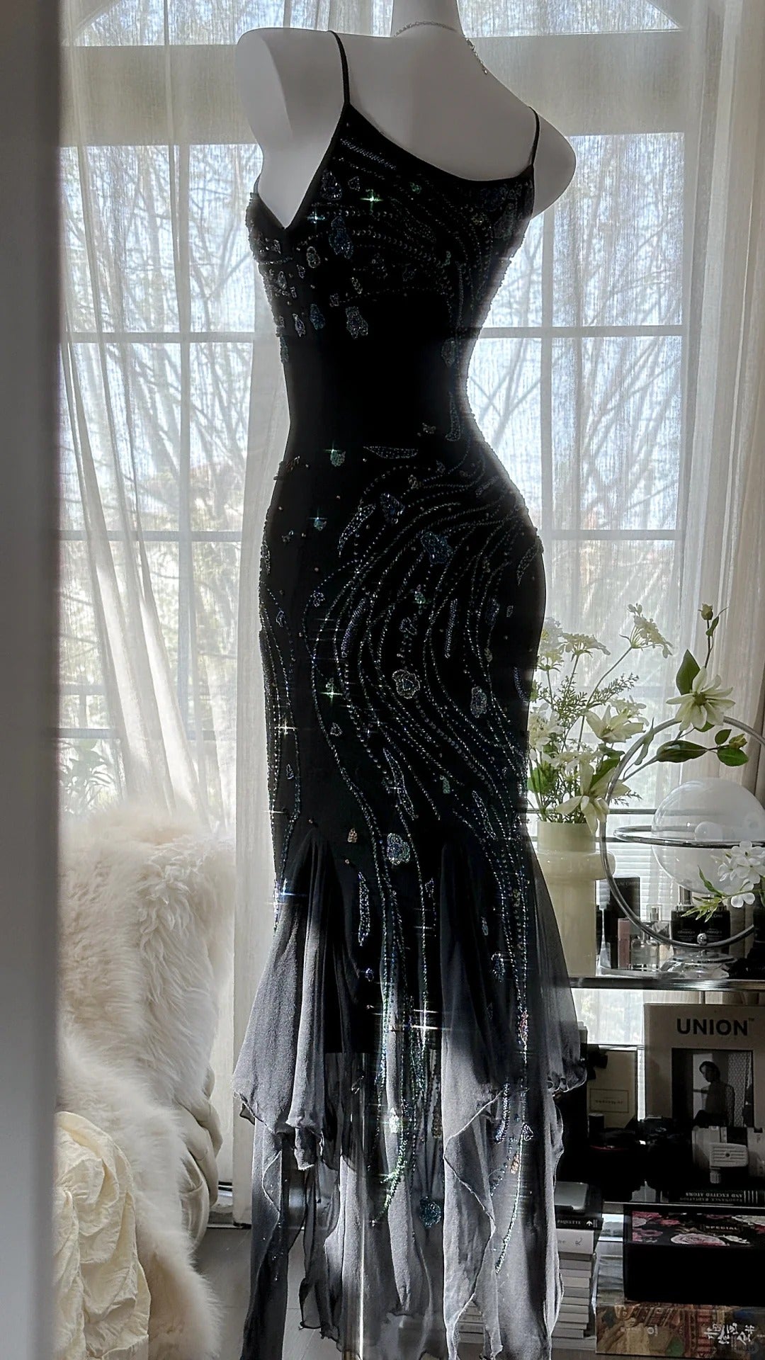Retro Beautiful Shoulder Strap Beaded Chiffon Irregular Skirt Prom Dress