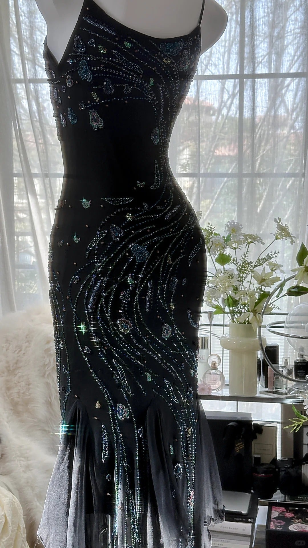 Retro Beautiful Shoulder Strap Beaded Chiffon Irregular Skirt Prom Dress