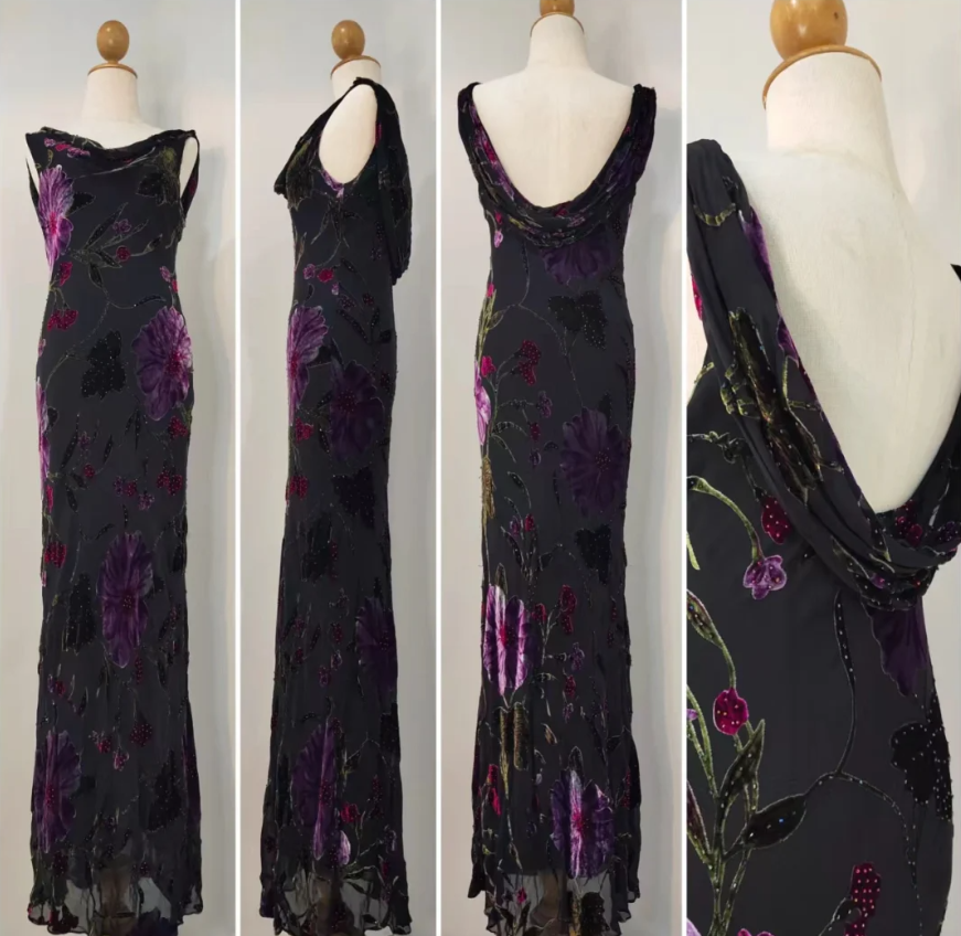 Retro Black Mermaid Neckline Embroidered Floral Backless Chiffon Long Prom Dress Evening Dress