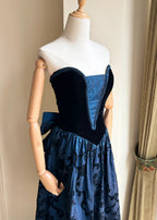 Retro Blue And Black A-Line Strapless Bow Jacquard Velvet Long Prom Dress Evening Dress