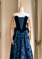 Retro Blue And Black A-Line Strapless Bow Jacquard Velvet Long Prom Dress Evening Dress