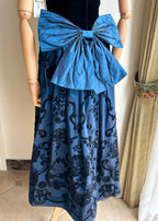 Retro Blue And Black A-Line Strapless Bow Jacquard Velvet Long Prom Dress Evening Dress