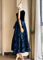 Retro Blue And Black A-Line Strapless Bow Jacquard Velvet Long Prom Dress Evening Dress