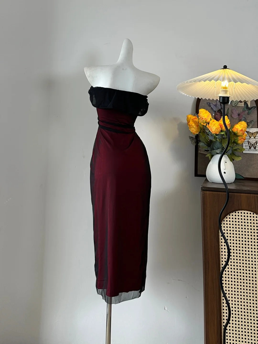 Retro Burgundy Slim-Fit Tube Top Ruffled Tulle Prom Dress Evening Dress