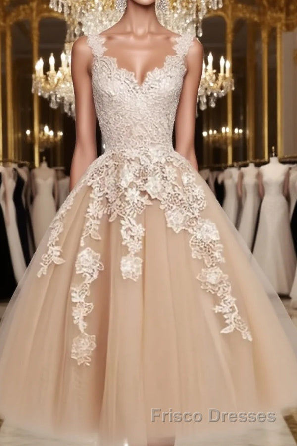 Retro Champagne V-neck Applique Short Formal Prom Dresses, Lace Evening Dresses, Party Dresses