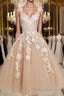 Retro Champagne V-neck Applique Short Formal Prom Dresses, Lace Evening Dresses, Party Dresses