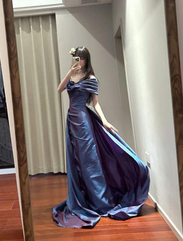 Retro Elegant Blue-Purple Off-Shoulder Hand-Pleated Satin Prom Dress Evening Dress