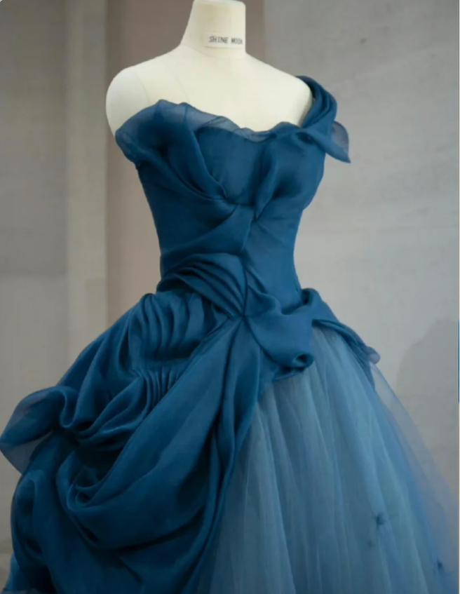 Retro Elegant Navy Blue One-Shoulder Tulle Long Ball Gown Evening Dress