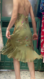 Retro Elegant Olive Green Deep V Backless Cross-Beaded Chiffon Long Prom Dress Evening Dress