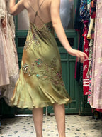 Retro Elegant Olive Green Deep V Backless Cross-Beaded Chiffon Long Prom Dress Evening Dress