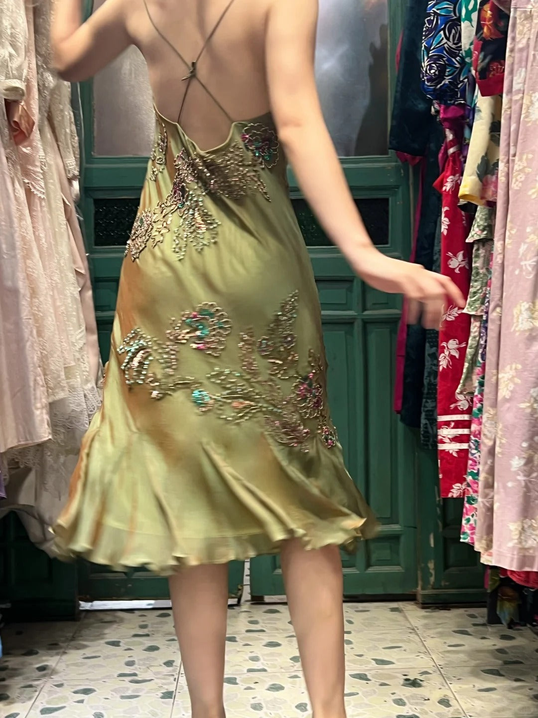 Retro Elegant Olive Green Deep V Backless Cross-Beaded Chiffon Long Prom Dress Evening Dress