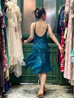 Retro Elegant Peacock Blue Irregular Deep V Halter Embroidered Chiffon Prom Dress Evening Dress