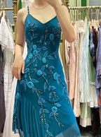 Retro Elegant Peacock Blue Irregular Deep V Halter Embroidered Chiffon Prom Dress Evening Dress