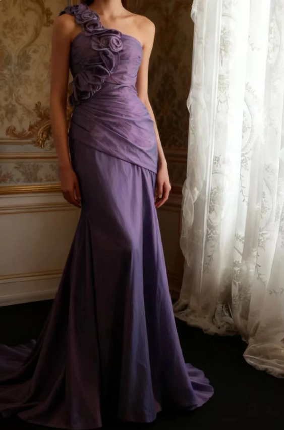 Retro Elegant Purple 3D Floral One-Shoulder Mermaid Satin Long Prom Dress Evening Dress