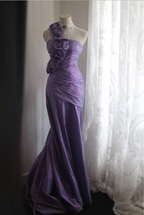 Retro Elegant Purple 3D Floral One-Shoulder Mermaid Satin Long Prom Dress Evening Dress