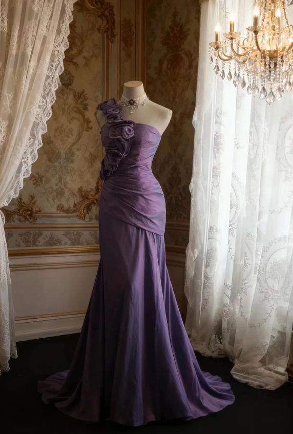 Retro Elegant Purple 3D Floral One-Shoulder Mermaid Satin Long Prom Dress Evening Dress Main image