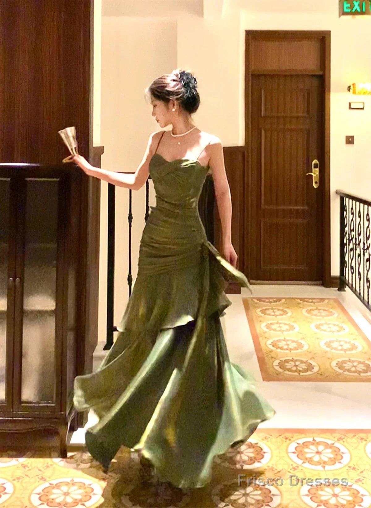 Retro Green Mermaid Straps Long Satin Party Dress, Green Satin Evening Dress Prom Dress Secondary image