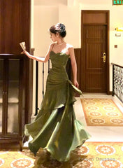 Retro Green Mermaid Straps Long Satin Party Dress, Green Satin Evening Dress Prom Dress