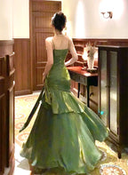 Retro Green Mermaid Straps Long Satin Party Dress, Green Satin Evening Dress Prom Dress