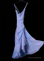 Retro High Low Spaghetti Straps Blue Knee Length Prom Dresses Birthday Outfits