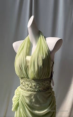 Retro Light Green V-Neck Chiffon Beaded Sequins Floor-Length Prom Dress Beautiful Birthday Evening Dress