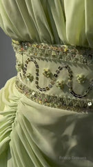 Retro Light Green V-Neck Chiffon Beaded Sequins Floor-Length Prom Dress Beautiful Birthday Evening Dress