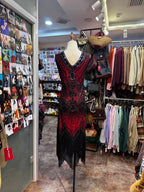 Retro Luxury Red And Black Color-Blocked V-Neck Sequined Tassel Prom Dress Evening Dress