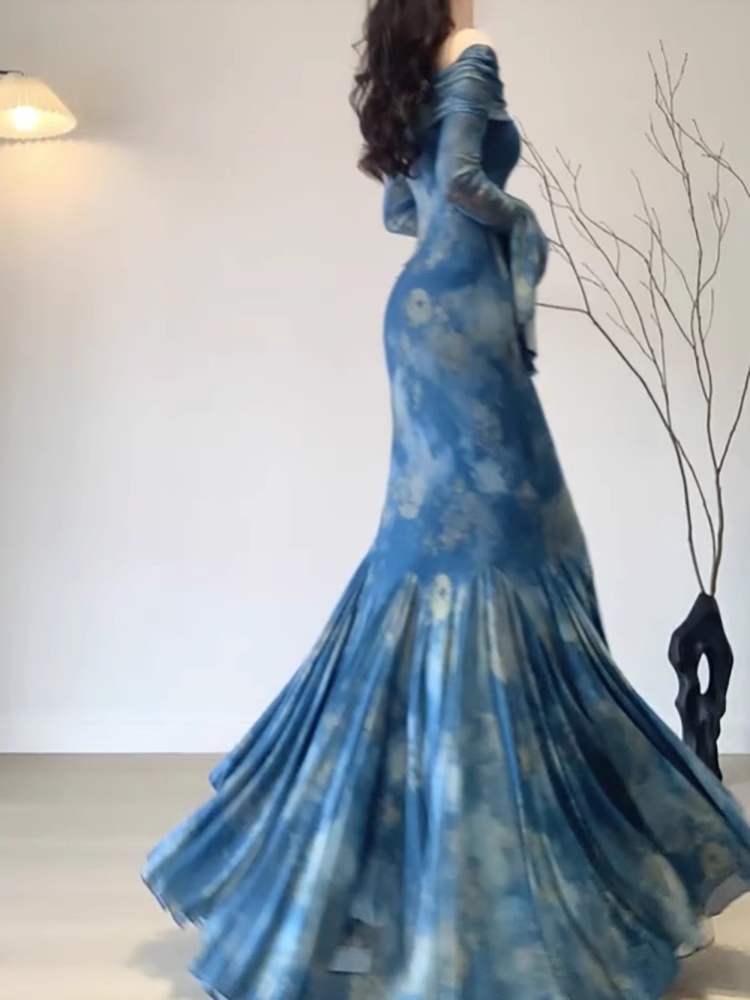 Retro Mermaid Off The Shoulder Floral Blue Long Sleeves Party Dresses Birthday Outfits