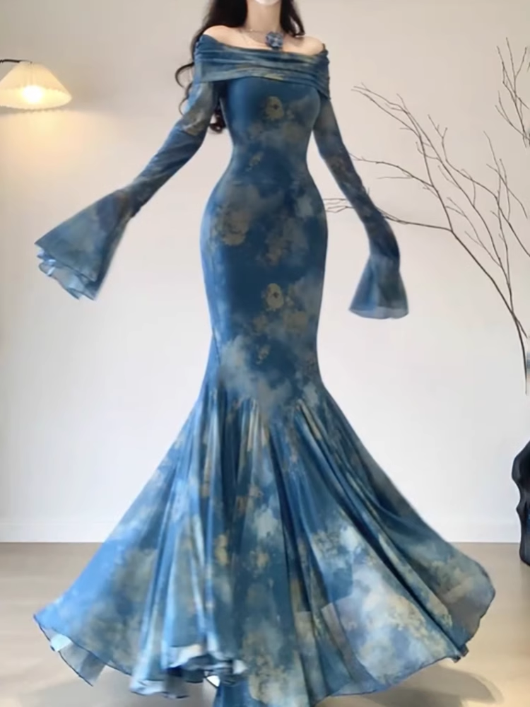 Retro Mermaid Off The Shoulder Floral Blue Long Sleeves Party Dresses Birthday Outfits Main image