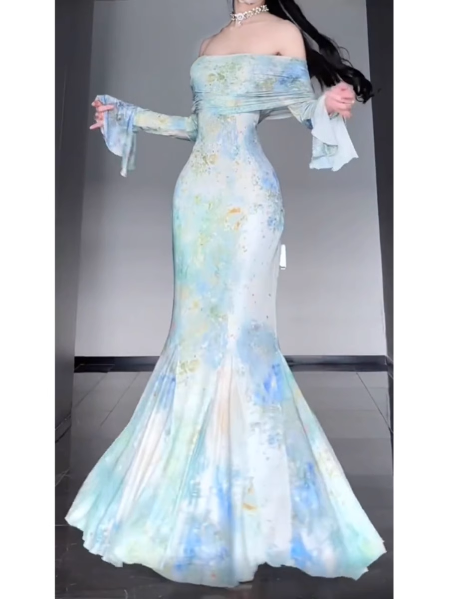 Retro Mermaid Off The Shoulder Floral Long Sleeves Party Dresses Birthday Outfits Secondary image