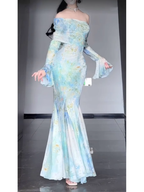 Retro Mermaid Off The Shoulder Floral Long Sleeves Party Dresses Birthday Outfits