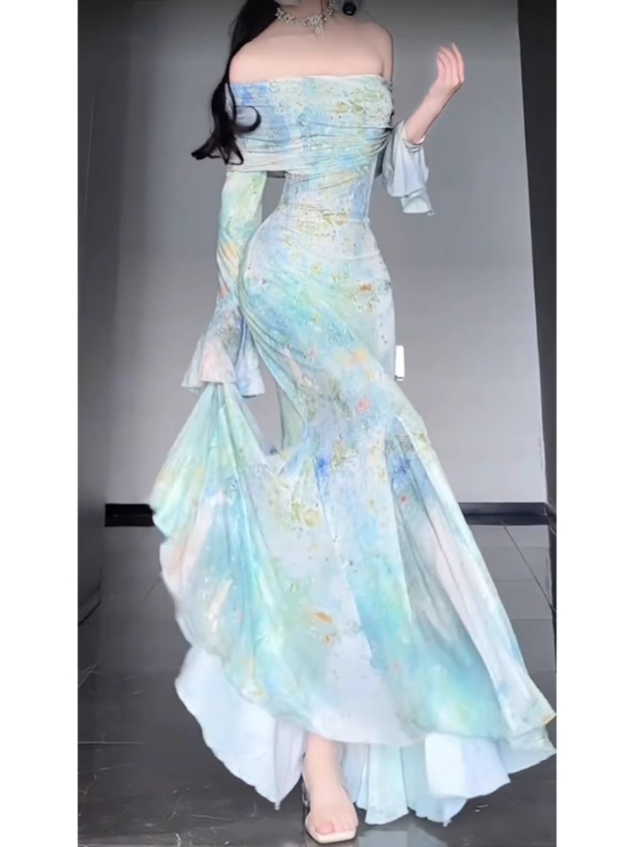 Retro Mermaid Off The Shoulder Floral Long Sleeves Party Dresses Birthday Outfits Main image