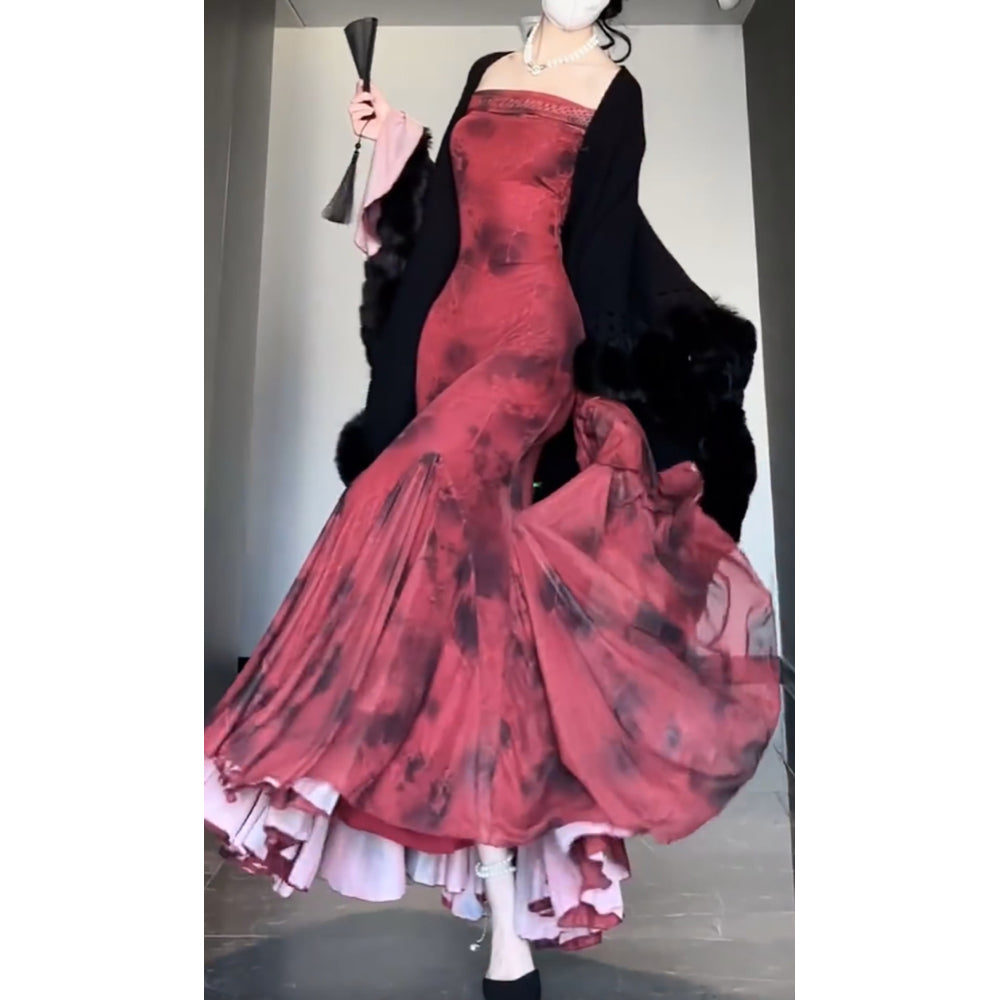Retro Mermaid Off The Shoulder Floral Red Long Sleeves Party Dresses Birthday Outfits Secondary image