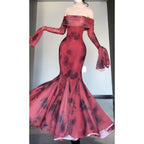 Retro Mermaid Off The Shoulder Floral Red Long Sleeves Party Dresses Birthday Outfits