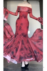 Retro Mermaid Off The Shoulder Floral Red Long Sleeves Party Dresses Birthday Outfits