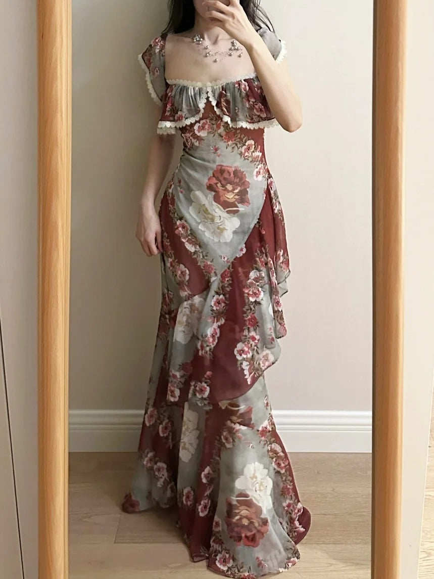 Retro Mermaid Print Ruffled Chiffon Long Prom Dress Evening Dress Secondary image