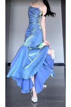 Retro Mermaid Spaghetti Straps Blue Ankle Length Prom Dresses Birthday Outfits With Flower