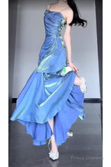 Retro Mermaid Spaghetti Straps Blue Ankle Length Prom Dresses Birthday Outfits With Flower