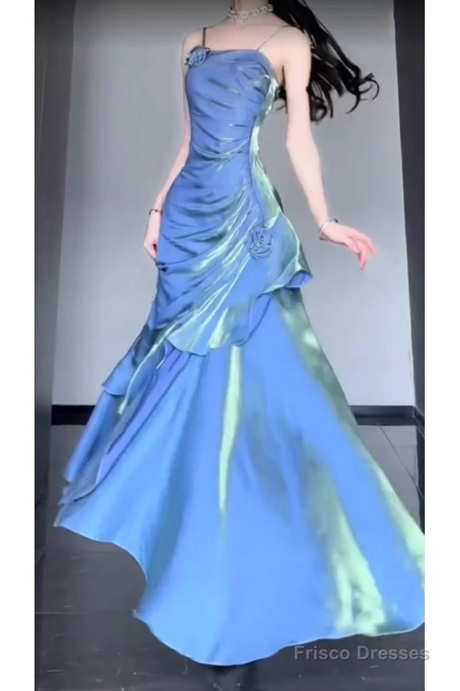 Retro Mermaid Spaghetti Straps Blue Ankle Length Prom Dresses Birthday Outfits With Flower