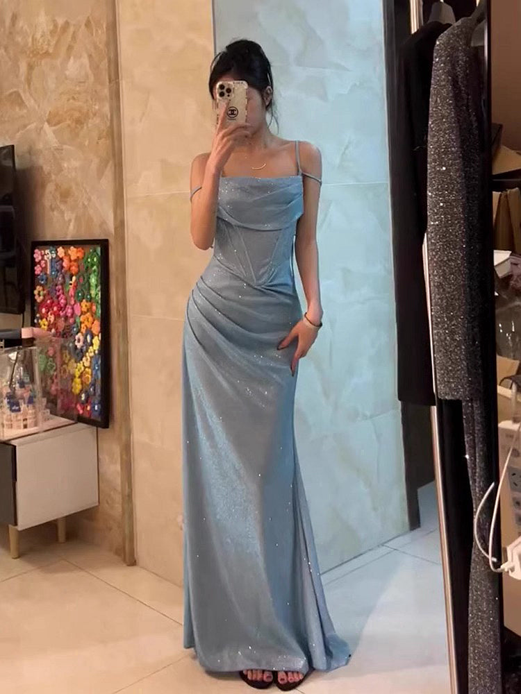 Retro Mermaid Spaghetti Straps Blue Sequin Prom Dresses Birthday Outfits With Ruffle Secondary image
