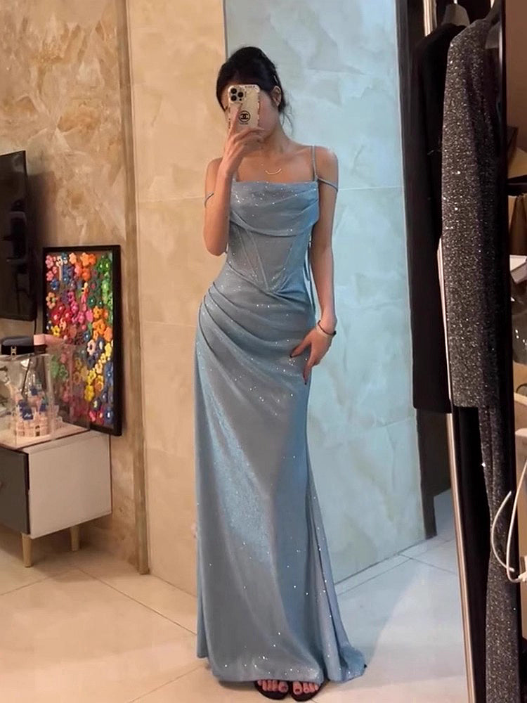Retro Mermaid Spaghetti Straps Blue Sequin Prom Dresses Birthday Outfits With Ruffle Main image
