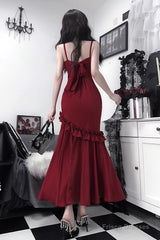 Retro Mermaid Spaghetti Straps Burgundy Ankle Length Prom Dresses Birthday Outfits