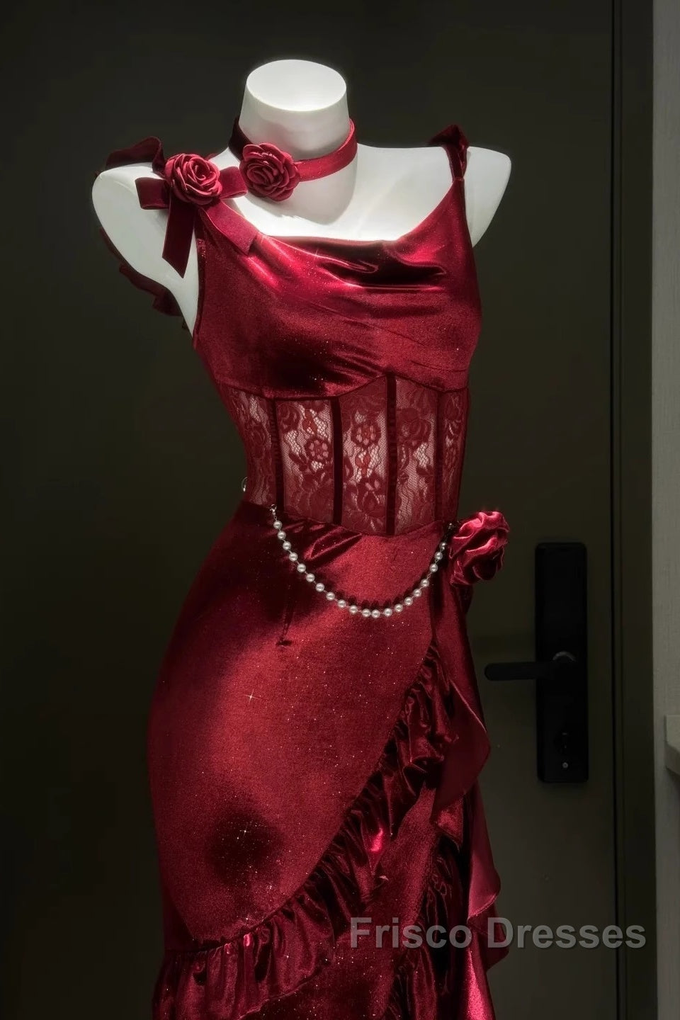 Retro Mermaid Spaghetti Straps Burgundy Lace Formal Prom Dress Birthday Outfits Secondary image