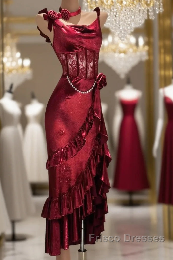 Retro Mermaid Spaghetti Straps Burgundy Lace Formal Prom Dress Birthday Outfits Main image