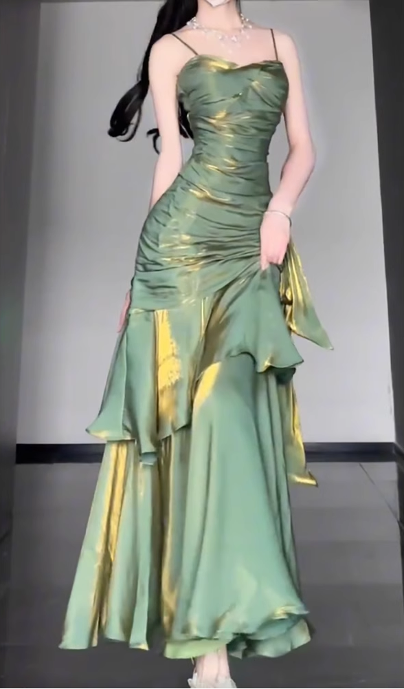 Retro Mermaid Spaghetti Straps Green Prom Dresses Birthday Outfits With Flower Secondary image
