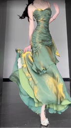 Retro Mermaid Spaghetti Straps Green Prom Dresses Birthday Outfits With Flower