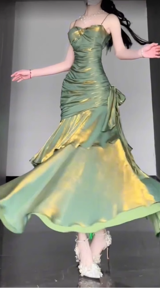 Retro Mermaid Spaghetti Straps Green Prom Dresses Birthday Outfits With Flower