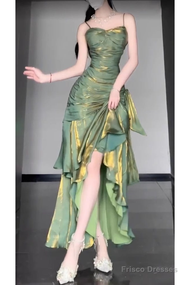 Retro Mermaid Spaghetti Straps Green Prom Dresses Birthday Outfits With Flower